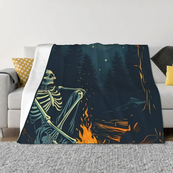 Naloa Moonlit Skeleton Campfire Flannel Fleece Throw Blanket for Bed Couch, Thick Blanket - All Seasons Suitable for Women, Men and Kids-60"x50"