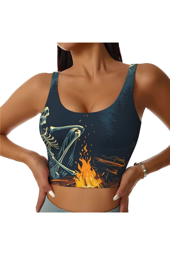 Moonlit Skeleton Campfire Sports Bras for Women,Sports Bras for Women High Support with Removable Pads-