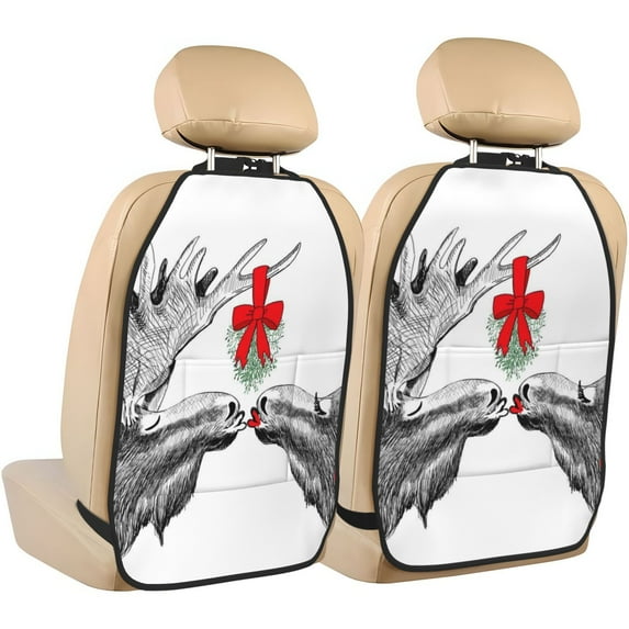 Naloa Moose Kissing Under Mistletoe 2Pcs Anti-Kick Back Seat Cover Kick Mat, Car Seat Protector with 3 Storage Pockets
