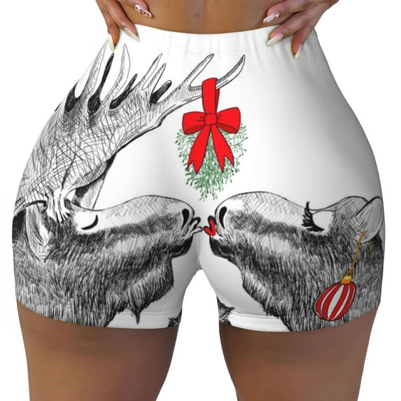 Naloa Moose Kissing Under Mistletoe Biker Shorts for Women Seamless Scrunch Short Women’s Yoga Shorts for Gym Running Sport Shorts - Medium