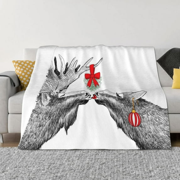 Naloa Moose Kissing Under Mistletoe Flannel Blankets - Thick and Warm Blanket for Winter, Soft Fuzzy Plush King Blanket for All Seasons60"x50"