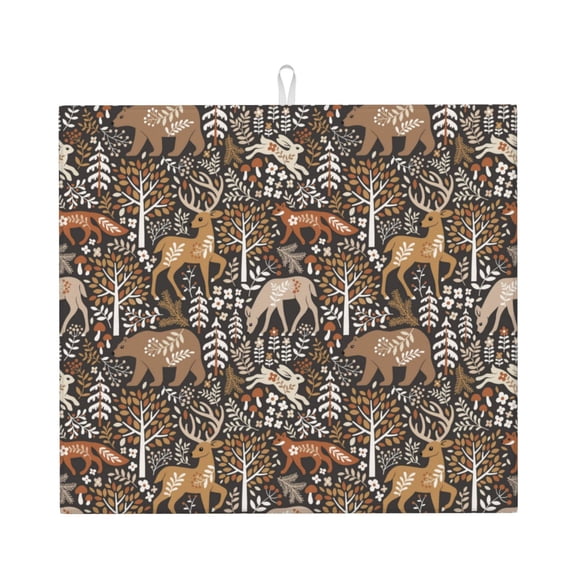 Naloa Moose fox bear leaf tree Dish Drying Mat for Kitchen Counter, Heat Resistant Drainer Mats, Absorbent Draining Mat,Dish Rack Pad,16"x18"