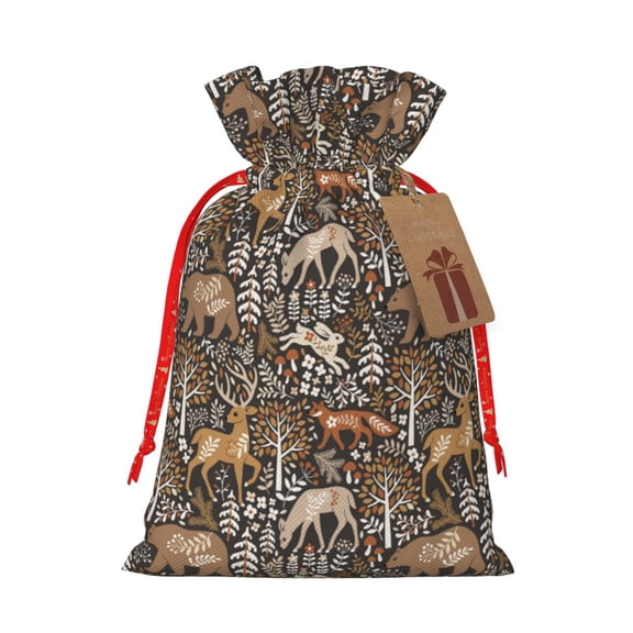 Naloa Moose fox bear leaf tree Drawstring Christmas Bags, 3D Xmas Gift Bags, Christmas Wrapping Bags, Xmas Goodie Bags, Treat Pouch Bags, Party Favor Bags-Medium