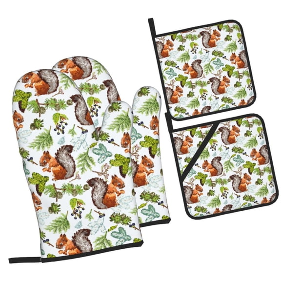 Naloa Mosaic Forest Squirrel Oven Mitts and Pot Holders 4 pcs Set, Cooking Baking Grilling Kitchen Oven Glove for Cooking