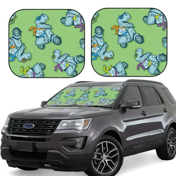 Naloa Motorcycle Riding Dinosaur 2 Piece Foldable Car Sun Shades, Car Windshield Sunshade, Front Window Sunshade for Car, Truck, SUV - Large