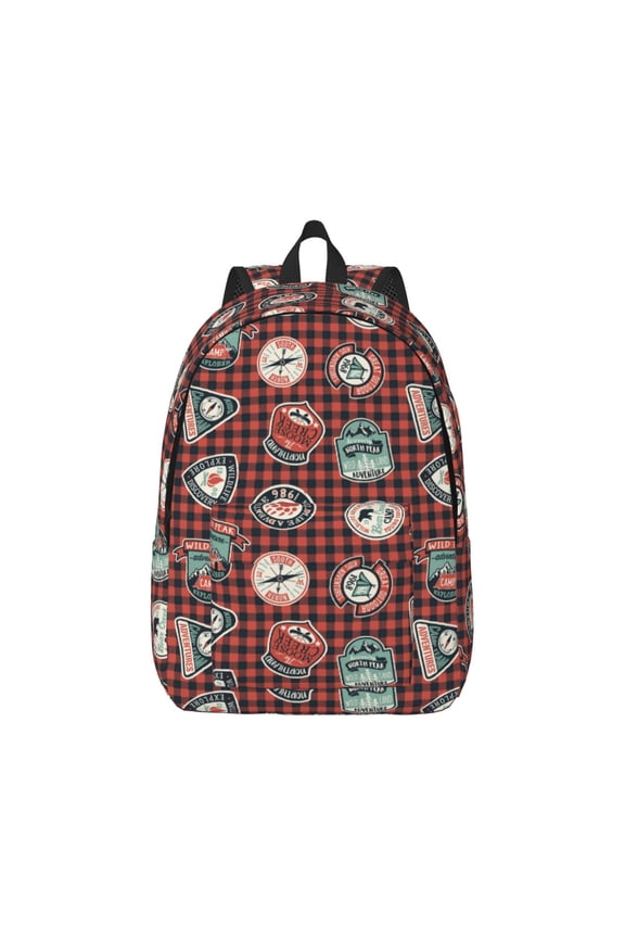 Mountain Adventure Badges Canvas Backpack for Men Women Rucksack Casual Travel Daypack College Tote Satchel Bookbag for Teens-Medium