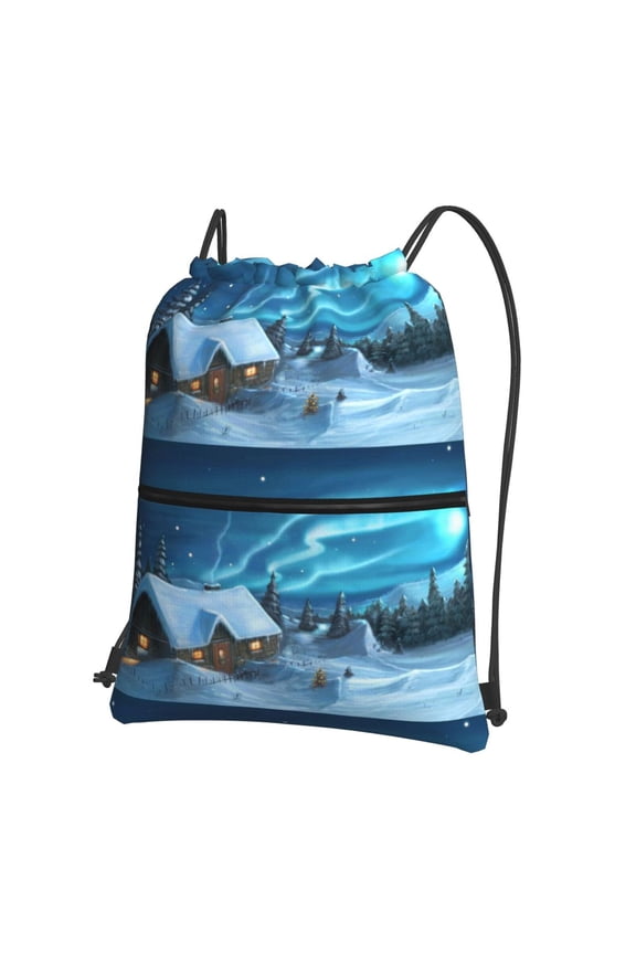 Mountain Cottage In Snow Drawstring Backpack String Bag Cinch Water Resistant for Gym Shopping Sport Yoga