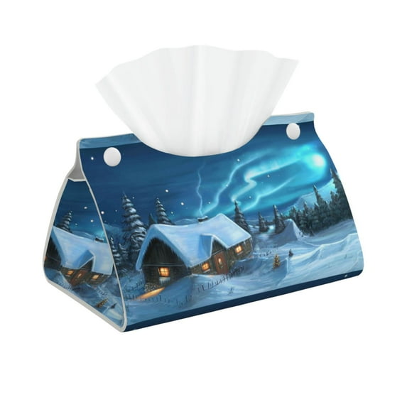 Naloa Mountain Cottage In Snow Print Leather Tissue Box Cover Rectangle | Long Tissue Box Cover | Tissue Box Holder | Tissue Holder for Bathroom