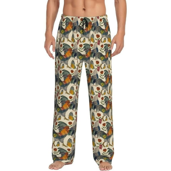 Naloa Multi-Colored Roosters Pajama Pants Men, PJ Bottoms, Sleep & Lounge Pants-XX-Large