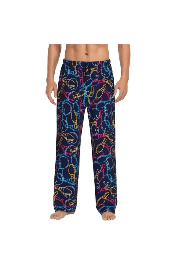 Multicolor Bowling Pajama Pants Men, PJ Bottoms, Sleep & Lounge Pants-Medium