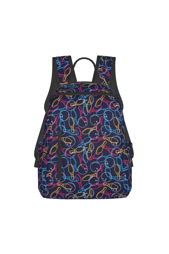 Multicolor Bowling Print Lightweight DayBackpack Suitable for school, work, shopping, travel, etc.