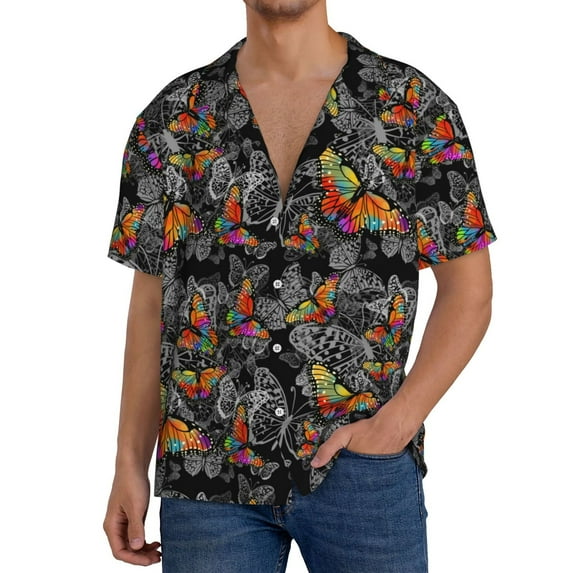 Naloa Multicolored Butterflies C Men's Loose Fit Cuban Collar Short-Sleeve Shirt, Hawaiian Shirts, Mens Shirts Casual for Everyday Wear Outings-3X-Large