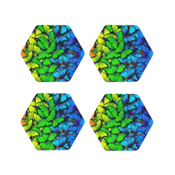 Naloa Multicolored Butterflies Leather Coasters for Drinks, Durable Drink Coasters 4 Set for Tabletop Protection, Luxurious Home Décor and Housewarming Gift ( {designName})Hexagon