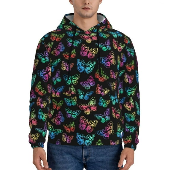 Naloa Multicolored Butterflies Men's Casual Hooded Collar Drawstring Hoodies Pullover Sweatshirts Casual Long Sleeve Shirts-3X-Large