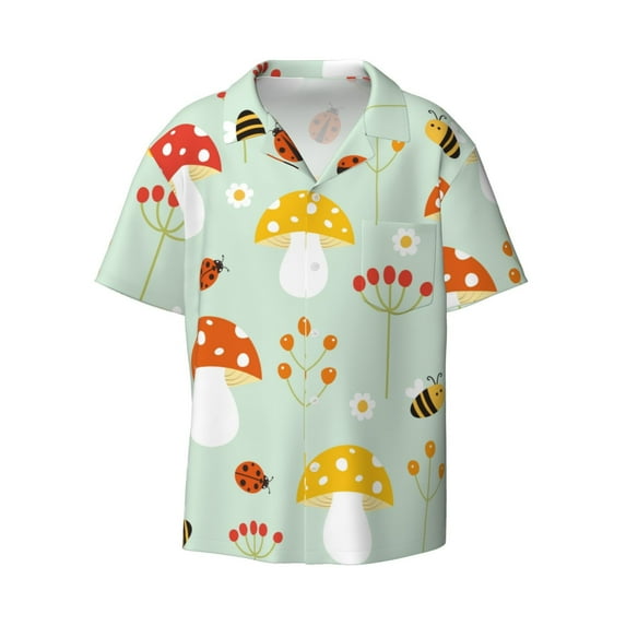 Naloa Mushroom Bee Men's Loose Fit Cuban Collar Short-Sleeve Shirt with Button-down and Chest Pocket for Everyday Wear Outings - Small