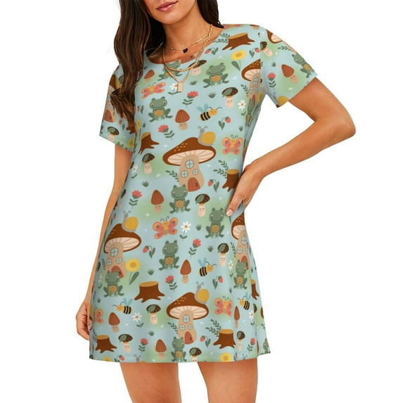 Naloa Mushroom House Insect Frog Print Women Nightgowns,Womens Loungewear,Short Sleeve Sleepwear,Comfy Ladies Nightdress