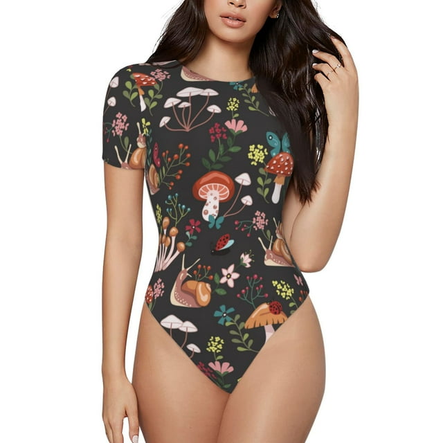 Naloa Mushroom Snail Women's Short-Sleeved Onesie, One-Piece Swimsuit for Parties, dates, clubs - Large