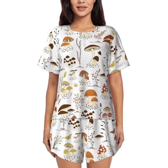 Naloa Mushrooms And Butterflies Women's Short-Sleeved Pajama Set, Loungewear, Summer pajamas, Breathable Cozy - Medium