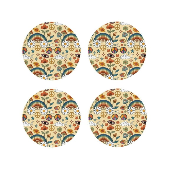 Naloa Mushrooms And Rainbows Peace Leather Coasters for Drinks, Durable Drink Coasters 4 Set for Tabletop Protection, Luxurious Home Décor and Housewarming Gift ( {designName})Round Shape