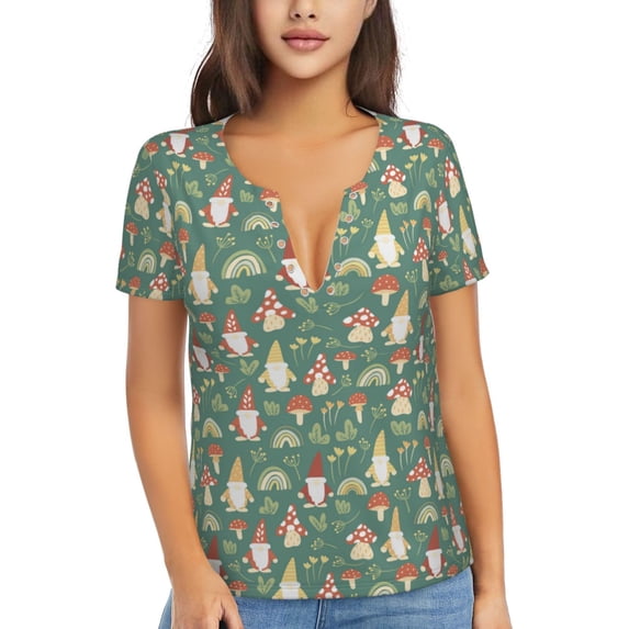 Naloa Mushrooms Gnome Print T-Shirts Short Sleeve V Neck Tees for Women Fashion Tops Trendy Lightweight Soft Casual Summer Outfits Clothes