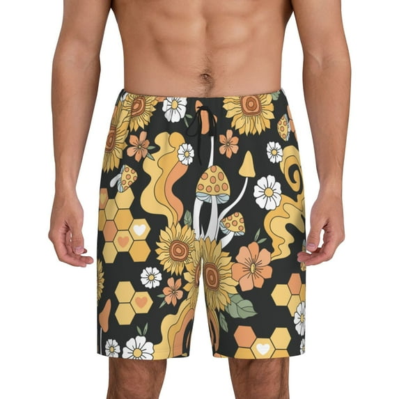 Naloa Mushrooms Honeycomb Men's Short Pajama Pants, Lounge Comfort Shorts with Elasticized Waistband and Side Pockets - XX-Large