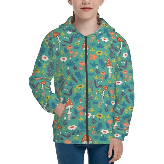 Naloa Mushrooms and Flowers Teenage Zipper Hoodie, Long Sleeve Zip Up Hoodies Casual Jackets Tops for 7-12 Years-Small