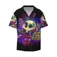 thumbnail image 1 of Naloa Mushrooms and Skull Men's Loose Fit Cuban Collar Short-Sleeve Shirt with Button-down and Chest Pocket for Everyday Wear Outings - Large, 1 of 7
