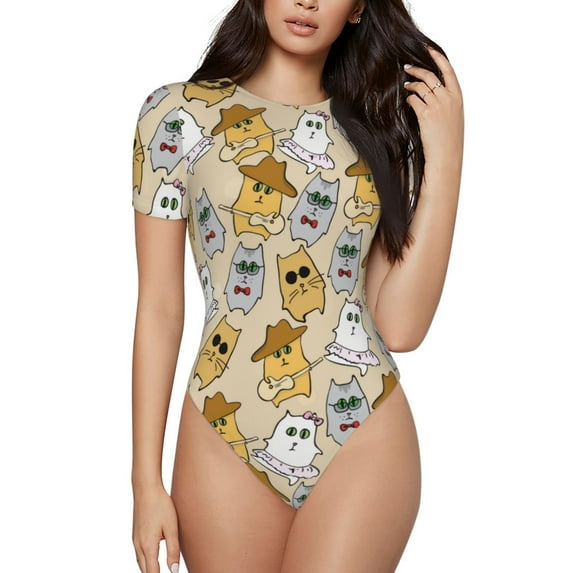 Naloa Music Dancing Cat Women's Short-Sleeved Onesie, One-Piece Swimsuit for Parties, dates, clubs - XX-Large