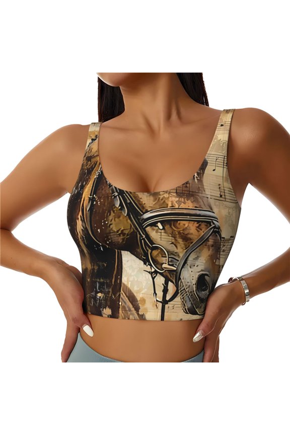 Musical Horse Vintage Collage Sports Bras for Women,Sports Bras for Women High Support with Removable Pads-Small