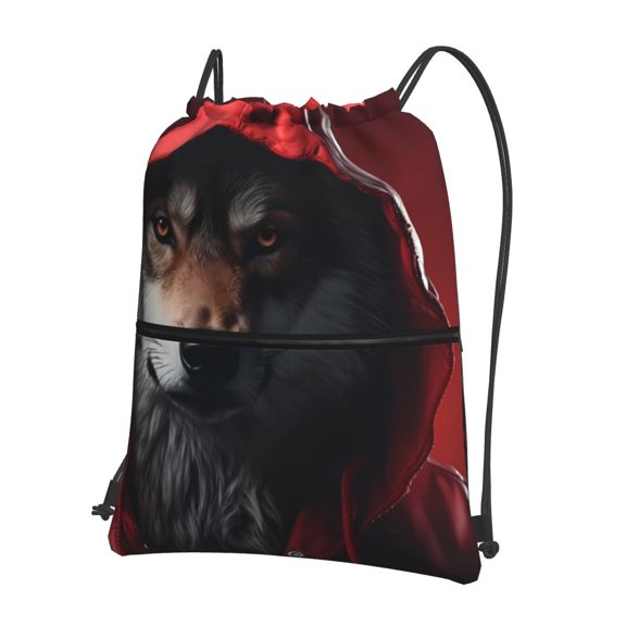 Naloa Mysterious Hooded Wolf Drawstring Backpack String Bag Cinch Water Resistant for Gym Shopping Sport Yoga