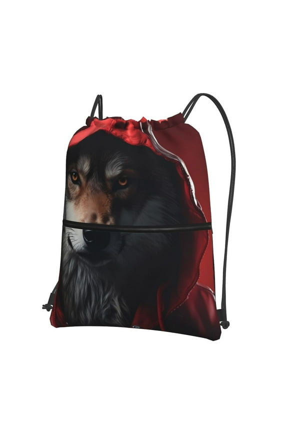 Mysterious Hooded Wolf Drawstring Backpack String Bag Cinch Water Resistant for Gym Shopping Sport Yoga