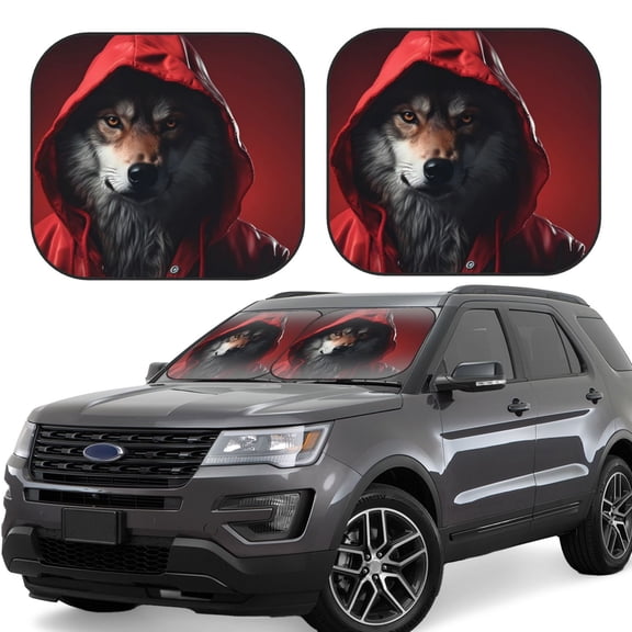 Naloa Mysterious Hooded Wolf Print 2-Piece Windshield Sunshade,Foldable Car Front Window Sun Shades,for Most Sedans SUV Truck-Medium