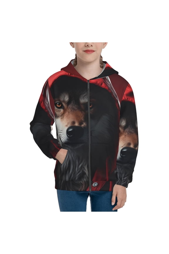 Mysterious Hooded Wolf Teenage Zipper Hoodie, Long Sleeve Zip Up Hoodies Casual Jackets Tops for 7-12 Years-Medium