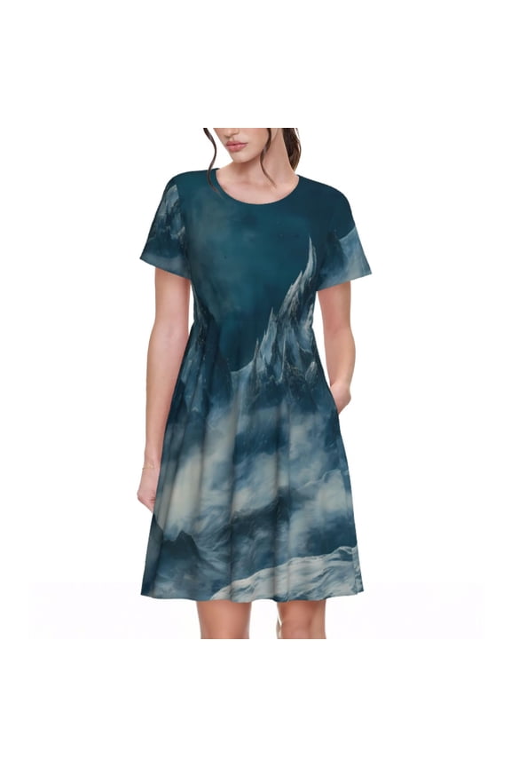 Mysterious Moonlit Mountains Print Womens Summer A-Line Dress with Pockets,Short Sleeve Dresses,Flowy Beach Swing Dress for Vacation Travel