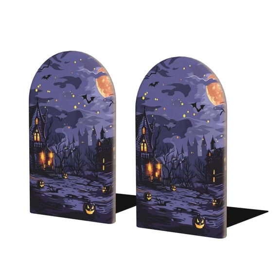 Naloa Mystery House Halloween Night Wood Non-Skid Bookend for Shelves,Book Ends for Heavy Books, Book Stand for CDs,1 Pair