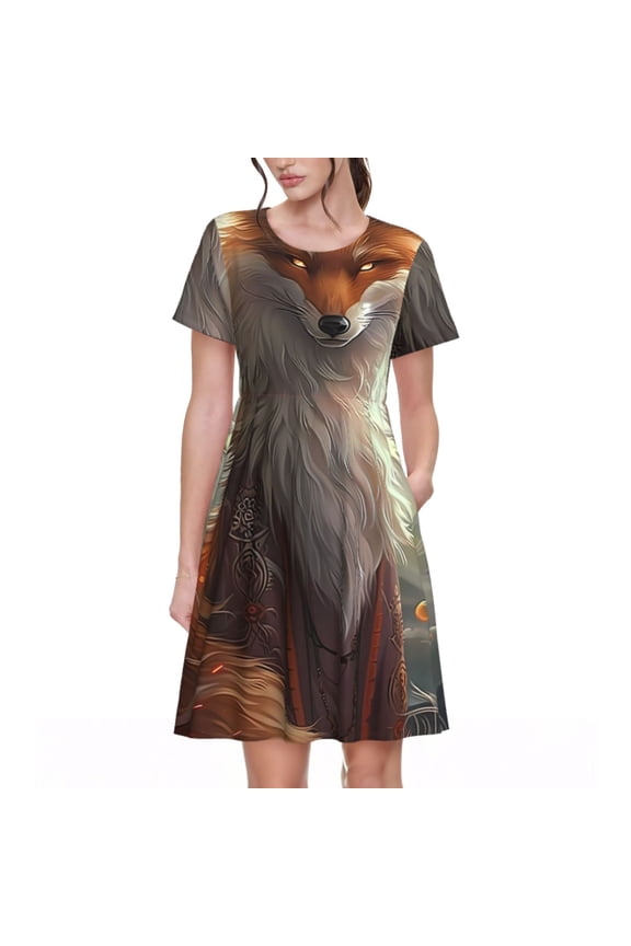 Mystic Fox With Halo Print Womens Summer A-Line Dress with Pockets,Short Sleeve Dresses,Flowy Beach Swing Dress for Vacation Travel