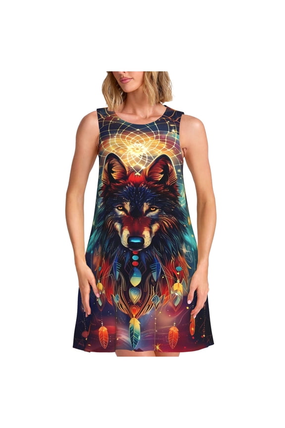 Mystic Wolf Dreamcatcher Print Women's Summer Spring Casual Beach Sundress,Vacation Sleeveless Tank Crewneck Loose Dresses