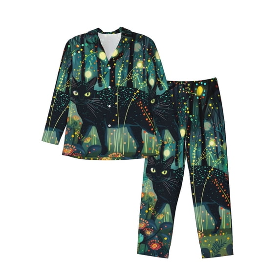 Naloa Mystical Black Cat Fireflies Men’s Pajamas Set - Long Sleeve Button Down Sleep Shirt and Pajama Bottoms Sleepwear Set-Large