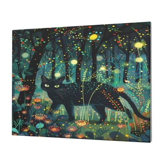 Naloa Mystical Black Cat Fireflies Print Canvas Picture,Wall Pictures, Modern Decorative Poster,Art Prints for Bedroom, Toilet, 40 x 30 cm, Built-in Wooden Frame