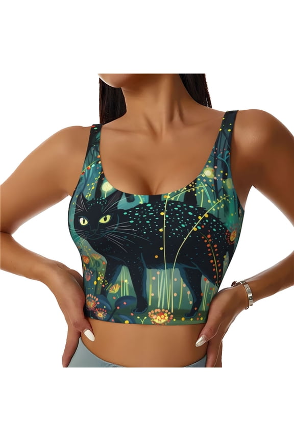 Mystical Black Cat Fireflies Sports Bras for Women,Sports Bras for Women High Support with Removable Pads-Medium