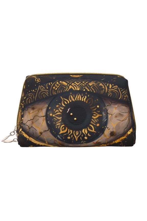 Mystical Golden Eye Leather Makeup Bag for Purse Travel, Portable Small Cosmetic Organizer for Women and Girls, Make up Bag with Zipper