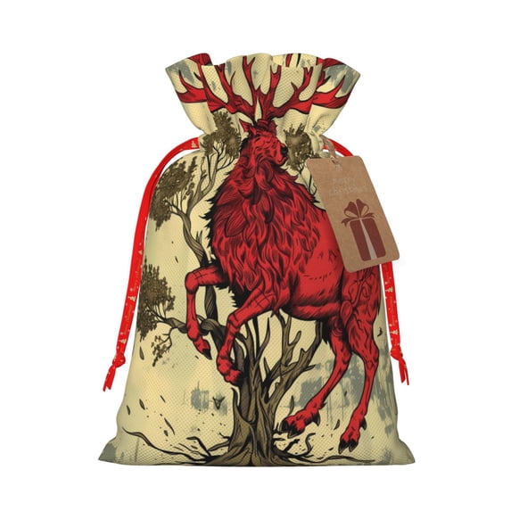 Naloa Mythical Red Stag Illustration Drawstring Christmas Bags, 3D Xmas Gift Bags, Christmas Wrapping Bags, Xmas Goodie Bags, Treat Pouch Bags, Party Favor Bags-Medium