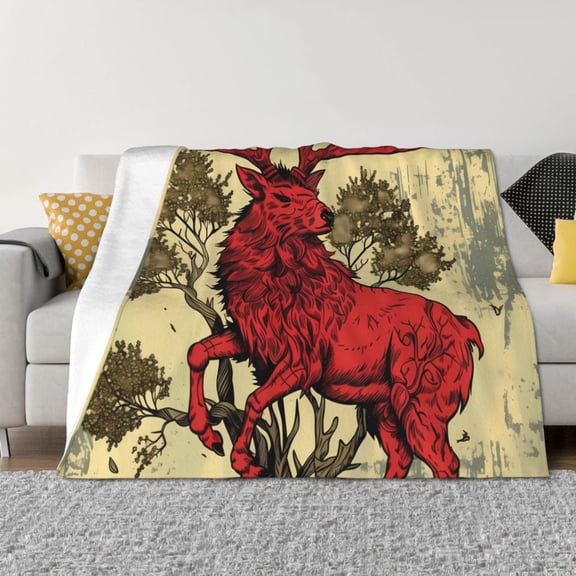 Naloa Mythical Red Stag Illustration Flannel Fleece Throw Blanket for Bed Couch, Thick Blanket - All Seasons Suitable for Women, Men and Kids-40"x30"