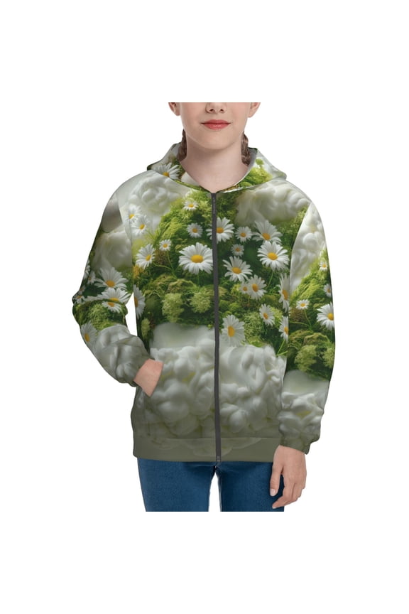 Nature Hand Daisies Art Teenage Zipper Hoodie, Long Sleeve Zip Up Hoodies Casual Jackets Tops for 7-12 Years-Medium