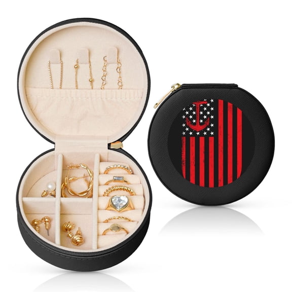 Naloa Nautical American Flag Round Jewelry Box, Travel Jewelry Organizer, 3.9 x 3.9 x 2in Jewelry Storage Box for Women-Black