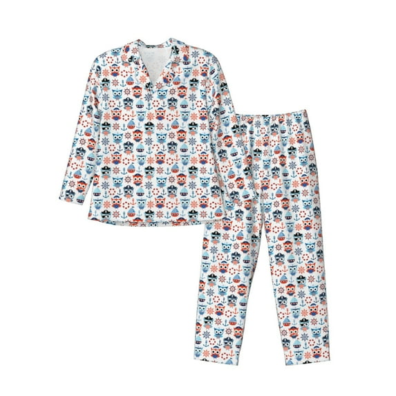 Naloa Nautical And Pirate Owls Men’s Pajamas Set - Long Sleeve Button Down Sleep Shirt and Pajama Bottoms Sleepwear Set-XX-Large