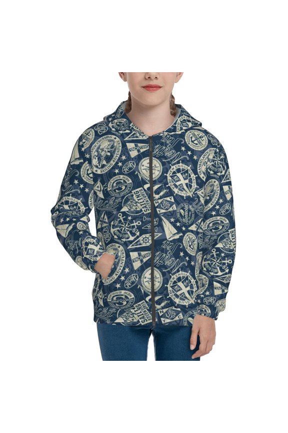 Nautical Style Teenage Zipper Hoodie, Long Sleeve Zip Up Hoodies Casual Jackets Tops for 7-12 Years-Small