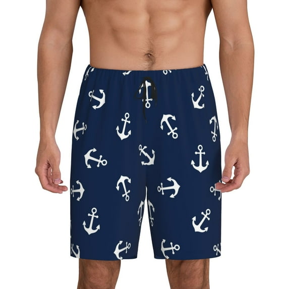 Naloa Nautical Themed Simple Anchors Men's Short Pajama Pants, Lounge Comfort Shorts with Elasticized Waistband and Side Pockets - X-Large