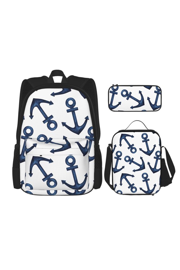 Navy Blue Anchor Print Large Capacity Backpack Lunch Bag Pencil Case Combination 3 Piece Set for Student