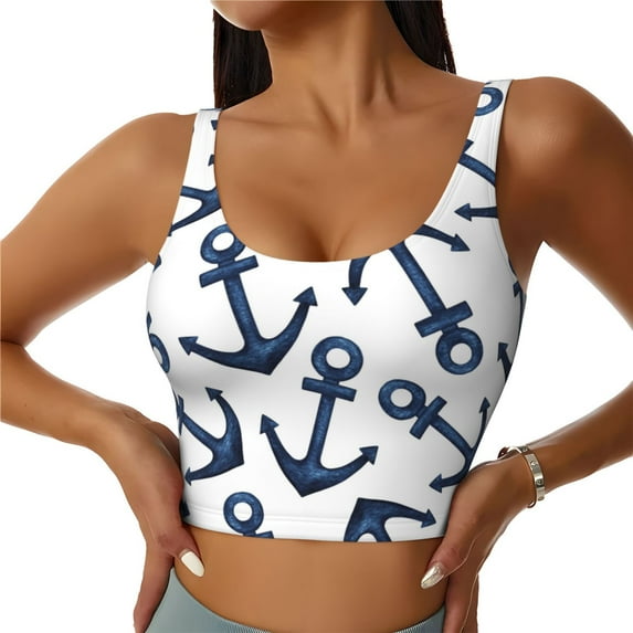 Naloa Navy Blue Anchors Sports Bras for Women, High Support Bra with Removable Pads, Comfortable - Medium